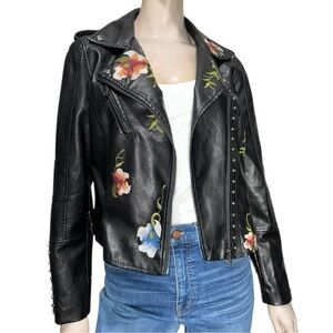 AFTF Basic Women's XL Black Embroidered Flowers Faux Leather Motorcycle Jacket